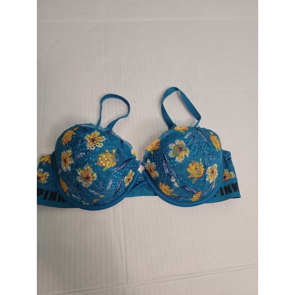 Victorias Secret Date Push Up Bra Sz 36D Floral Mesh Lace Logo Multicolor